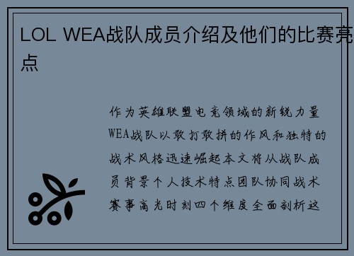 LOL WEA战队成员介绍及他们的比赛亮点